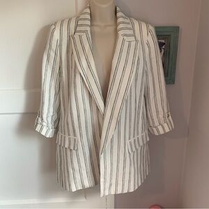 Zara Grey and White Blazer Linen Striped Summer Spring Shoulder Pads 3/4 Sleeves